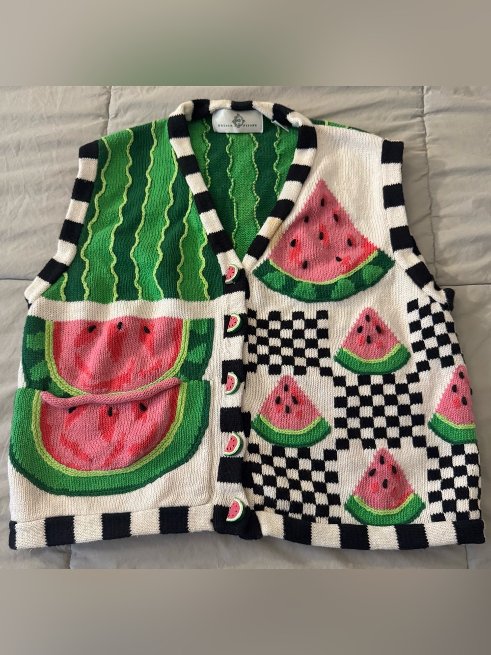 Design Options Vintage Novelty Watermelon Knit Vest with Checkerboard Trim